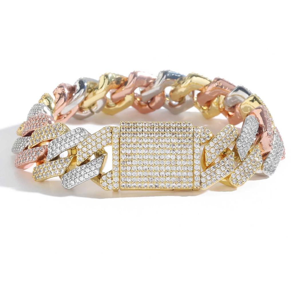 20mm Iced Out 5A CZ Messing Drei Töne Krappen Cuban Link Armband Kastenverschluss Hip Hop Schmuck für Herren