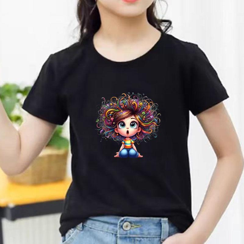Kids Cotton T Shirt Sitting Girl With Colorful Hair Print Crew Neck Short Sleeve Tee Casual Boys Girls Summer Tops