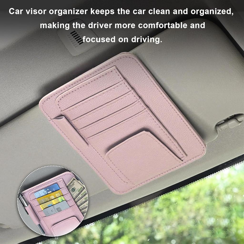 2PCS Small Leather Car Sun Visor Organizer, Multifunctional Auto Visor Document Holder with Sunglasses Clip, Universal Car Interior Organizer for