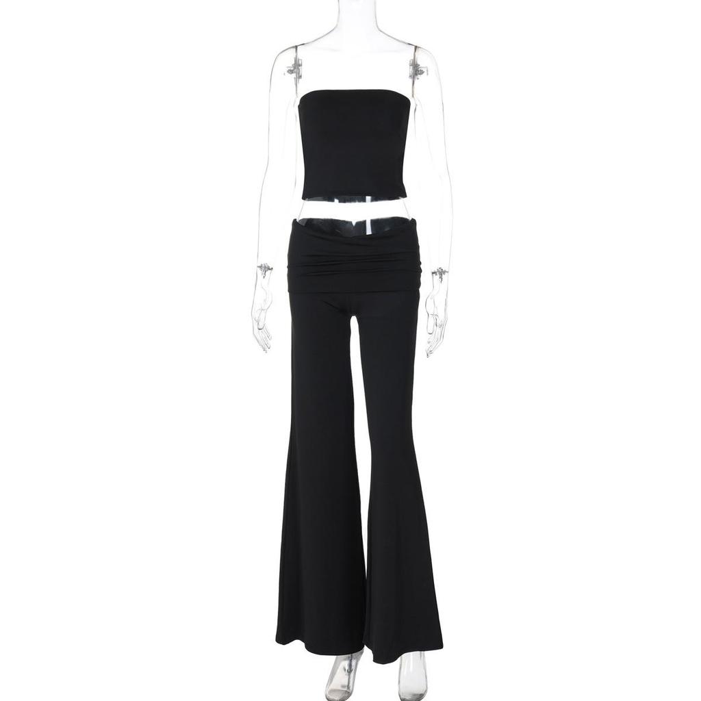 Women's Spring 2025 Solid Strapless Top and Flared Pants Slimming Fashion Set