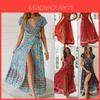 Elegante Vestito Maxi Floreale Boho Estivo da Donna a Wrap con Manica Corta per le Vacanze