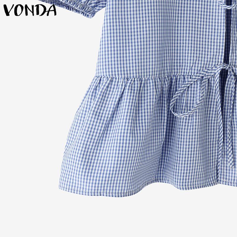 VONDA Women Summer Puff Sleeve Plaid Print Front Bow Knot Ruffled T-shirts Tops