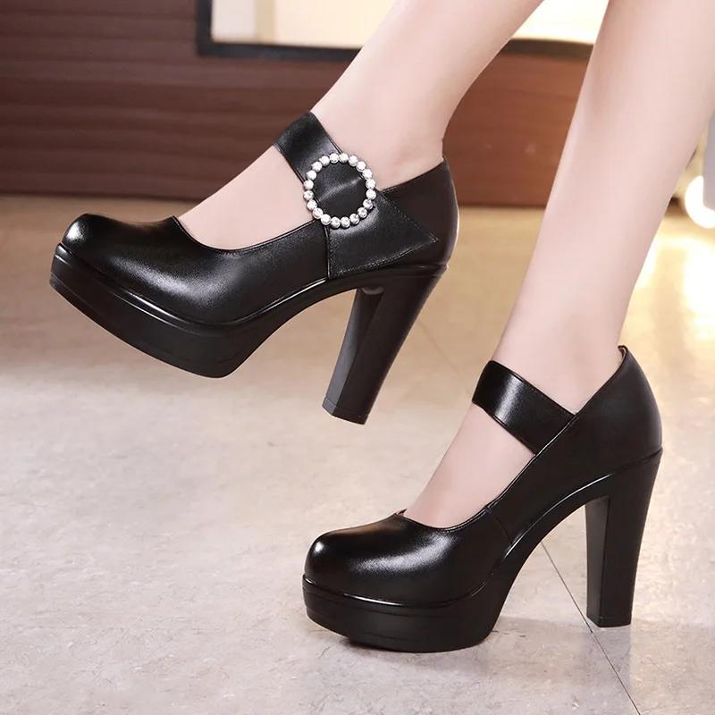 

8cm 10cm 13cm Small Size 32-43 Fashion Soft Leather Mary Janes Platform Shoes 2025 Fall Block High Heels Shoes Office Model Mom 32