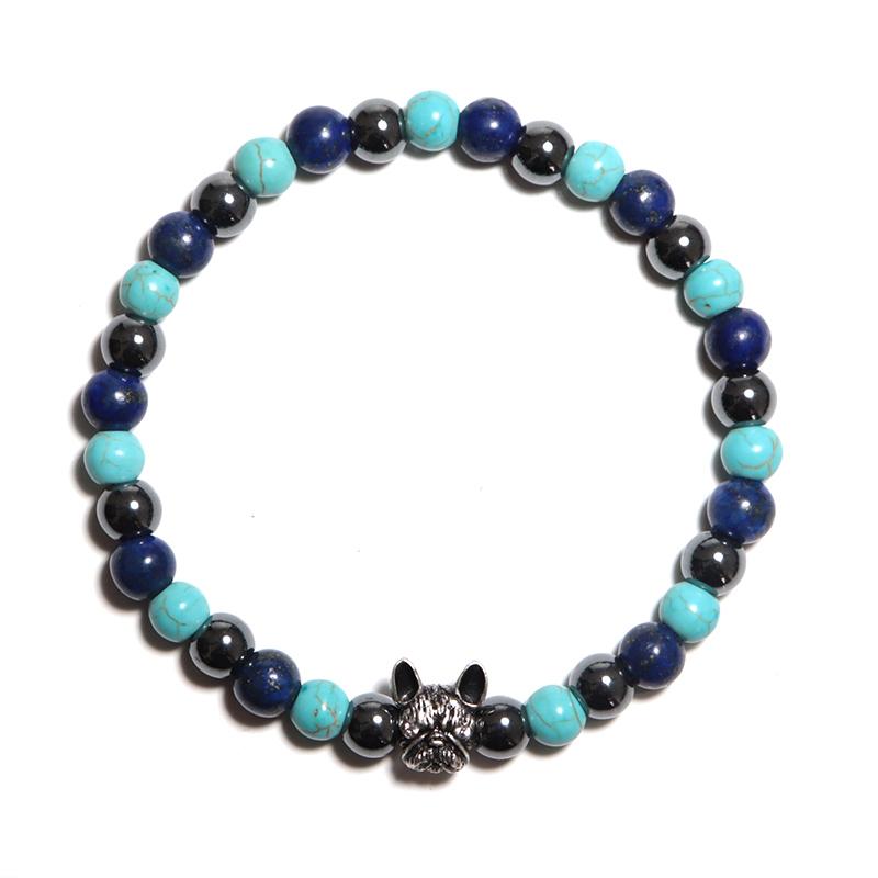 Unique French Bulldog Bracelet Men Natural Tiger Eyes Hematite Turquoises Stone Elastic Bangles Charm Meditation Erkek Bileklik