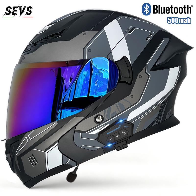 All-Season Universal Flip-up Motorcycle Helmet with Double Visor and Bluetooth Earbuds for Men and Women