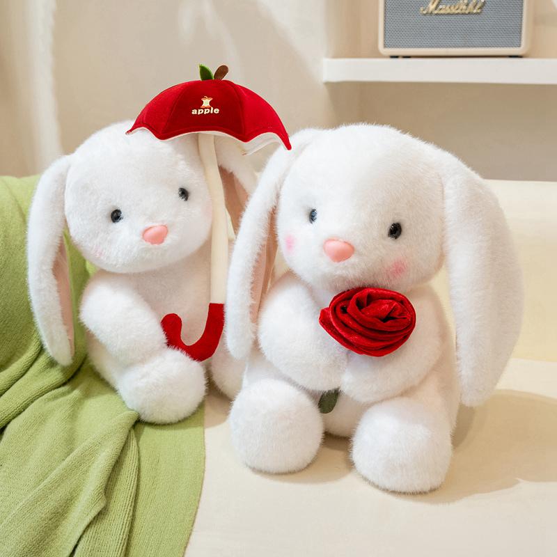 Graceful White Lop Ears Rabbit Plush Toy Holding Red Rose Say Love Cartoon Animal Plushie Sweet Girlfriend Gift