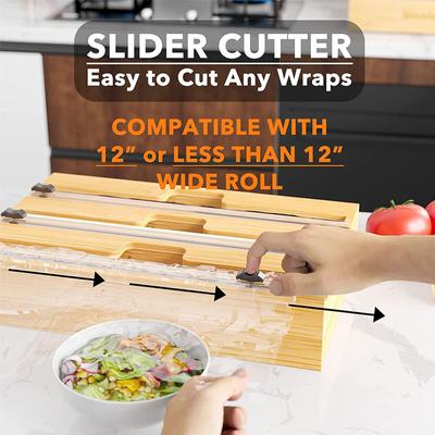 3 In 1 Bamboo Foil and Plastic Wrap Organizer with Cutter - Foil and Plastic Wrap Dispenser with Cutter