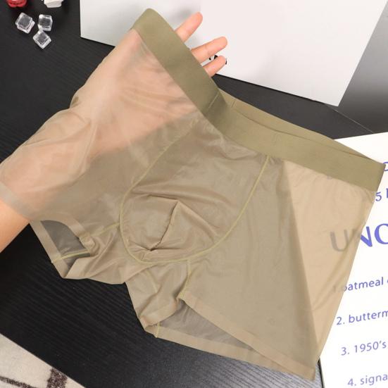 Men Boxer Underwear Mid-rise Tight Cut High Elasticity Shorts Briefs Seamless See-through Solid Color U-Convex Panties