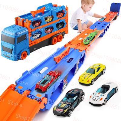 Caminhão de transporte de brinquedo 65 polegadas dobrável para crianças pequenas, transportadora de carro para meninos e meninas, 9 em 1, pista de corrida e caminhão fundido, carro de corrida, presente, veículo