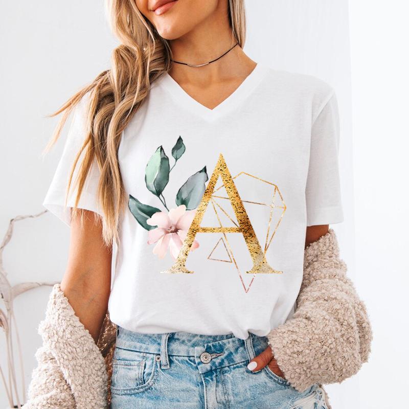 Pink Flower Letters Az Print Tshirt 26 Alphabet Unisexs Vneck Tshirt Flower Letter A B C D Short Sleeve Female Tees Tops