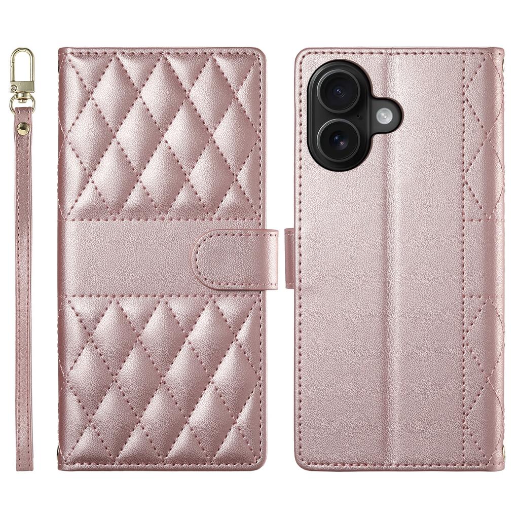 For iPhone 16 Case Rhombus Stitching Wallet Stand Leather Phone Cover with Long/Short Strap