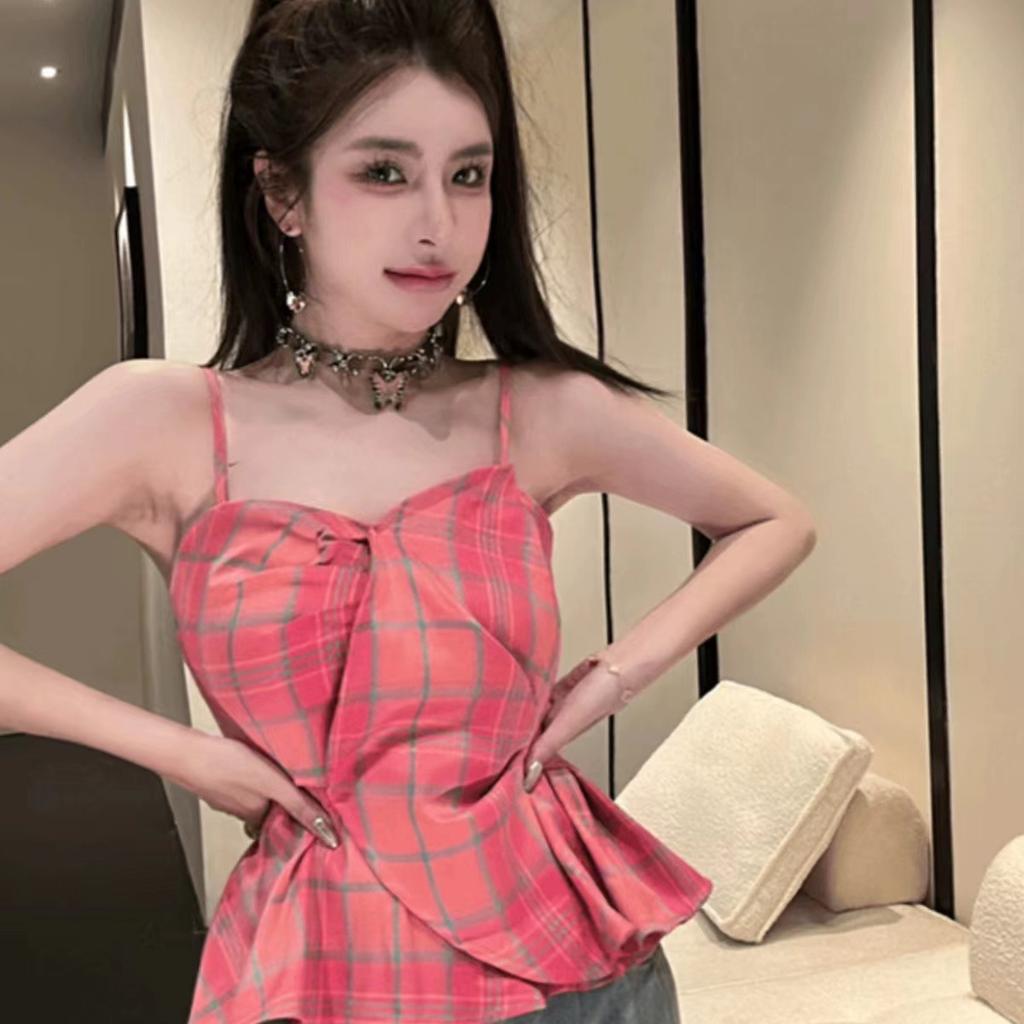 Summer Korean Version of Fashion Hottie Slim and Thin Contrasting Color Plaid Sling Vest Pure Lust Sexy Versatile Top Women