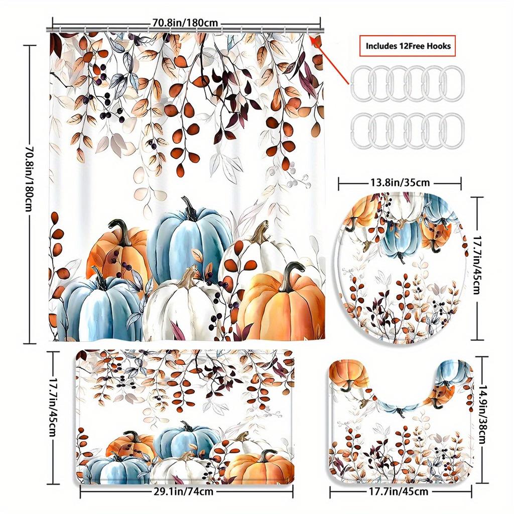 Pumpkin Falling Leaves Shower Curtain Set Waterproof Polyester Bath Curtain and Toilet Floor Mat with Free 12 Hooks