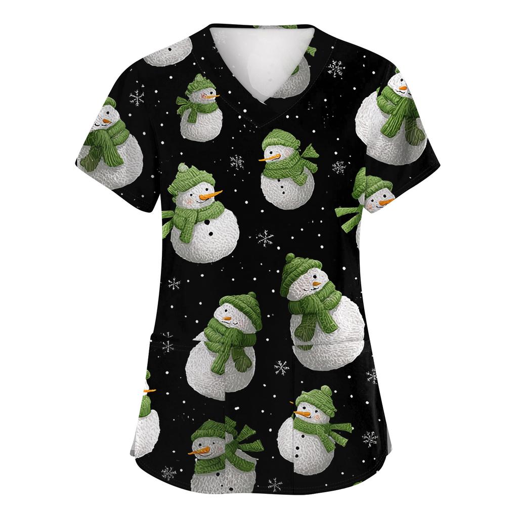 Damska Moda Krótki Rękaw Świąteczny Nadruk Dekolt V Kieszeń Odzież Robocza Top