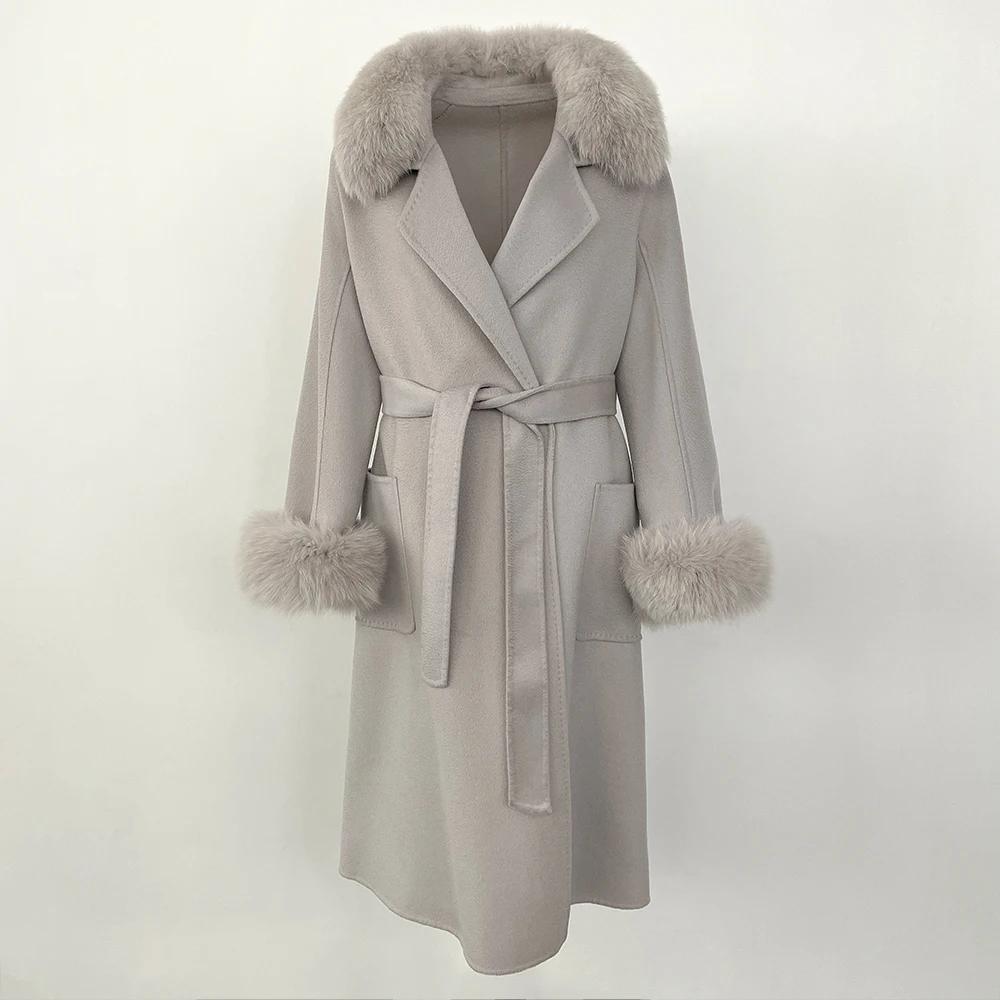 Woman Trend 2024 Autumn Winter 100% Double-sided Wool Coat Ladies Real Fox Fur Collar Detachable Long Coat
