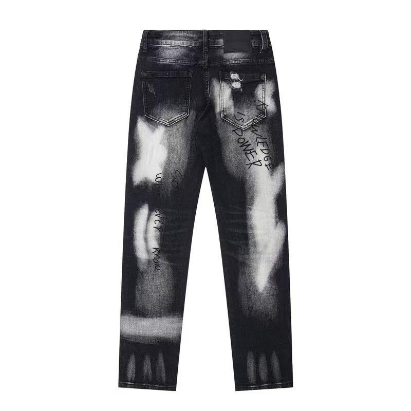 Neuer Stil Dreipunkt Herren Patchwork Durchbrochenes Netz Buchstaben Denim Jeans Trendige Personalisierte Fitness Elastische Schmale Passform Lange Hosen