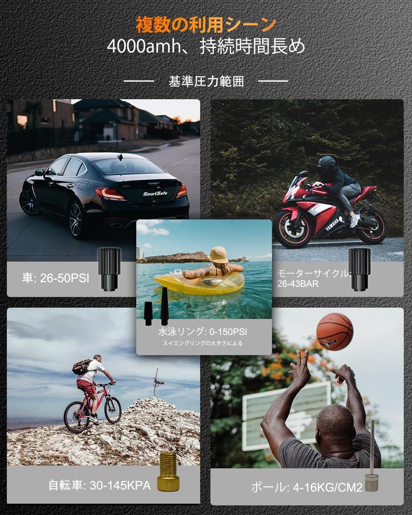 Smartsafe Electric Air 150 4000 mAh Kompatibel mit Presta und Schrader 4 Umschaltbar LCD Digital LED SOS Geeignet für und Outdoor Pumpe, PSI, Kapazität,