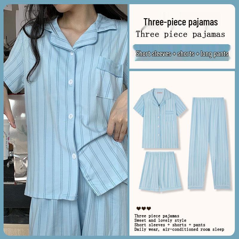 Kuromi Japanese-Style Cotton Pajamas: Women's Summer Lapel Sweet Cardigan Homewear Three-Piece Set