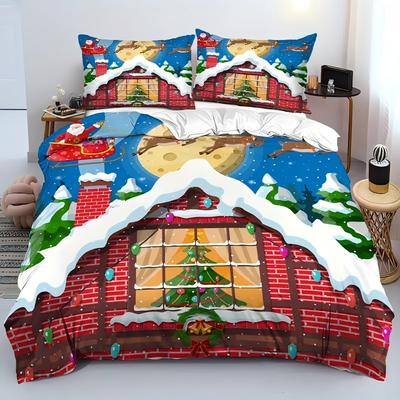 Schnee Nacht Weihnachtsmann Rentier 3D Druck Bettwäsche Set Weihnachtsthema Bettbezug Weich Bequem Zuhause Polyester Steppdecke Bezug Set