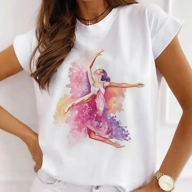 Stylish African Womens Watercolor Ballerina Girl Cute Cartoon Short Sleeve Tshirt Summer Tops Vintage Clothes Oversized Tee