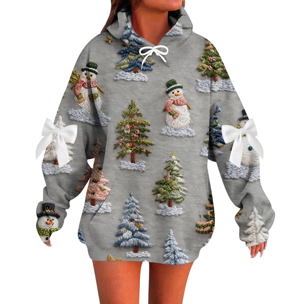 Ladies' Christmas Printed Bow Long Sleeved Loose Fitting Headband With Rope Hooded Sweatshirt Top