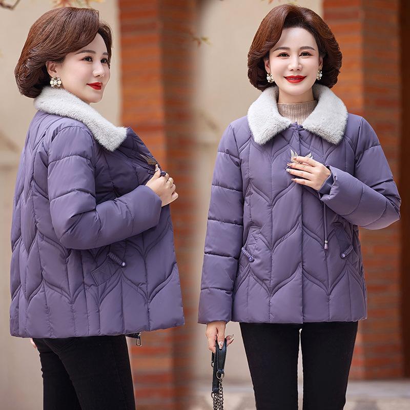 Cotton jacket women's short plush lapel embroidered buckle middle-aged and elderly temperament is versatile, lined with fleece cold clothing