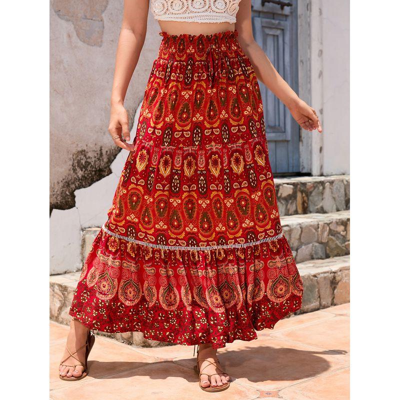 

Vacuum Big Swing Skirt Summer Women s Bohemia Exotic Lace Patchwork Rayon Skirt Red XL