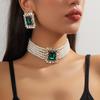 Set di Collana e Orecchini Geometrici in Perle Finte Multistrato e Cristalli Colorati di Lusso Europeo