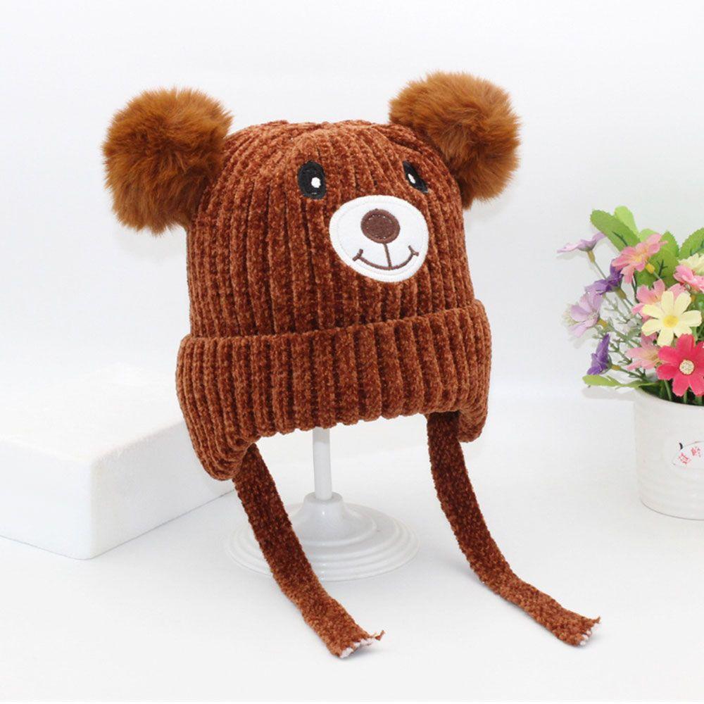 Hooded Scarf Bear Knitted Hat Winter Pompom Baby Hat Fleece Lining Earflap Cap Toddler Beanie