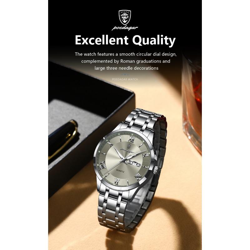 POEDAGAR Luxury Fashion Men Clock Waterproof Luminous Week Date Sports Wristwatch Stainless Steel Quartz Watches Reloj
