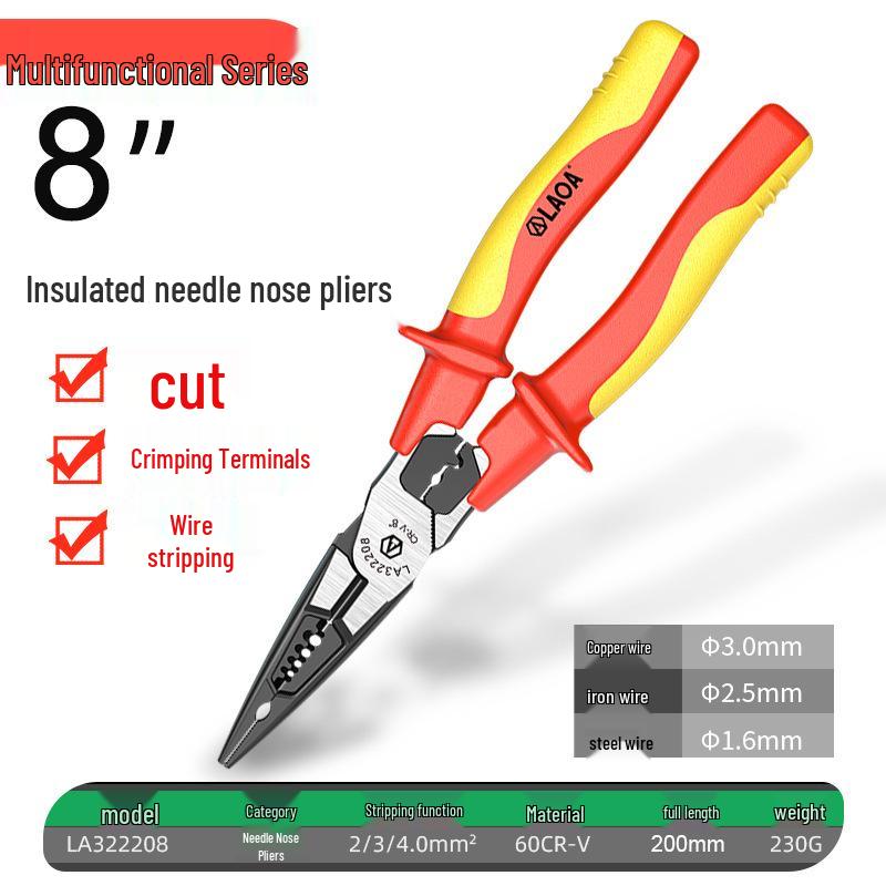 High Voltage Insulated Needle-Nose Electrician Pliers, 1000V, for Cutting, Crimping, Stripping, Angled Use.