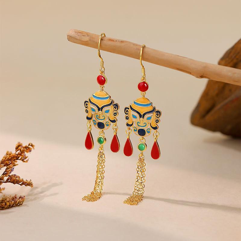 Sanxingdui-Inspired Tassel Earrings with Blessing God Official Design
