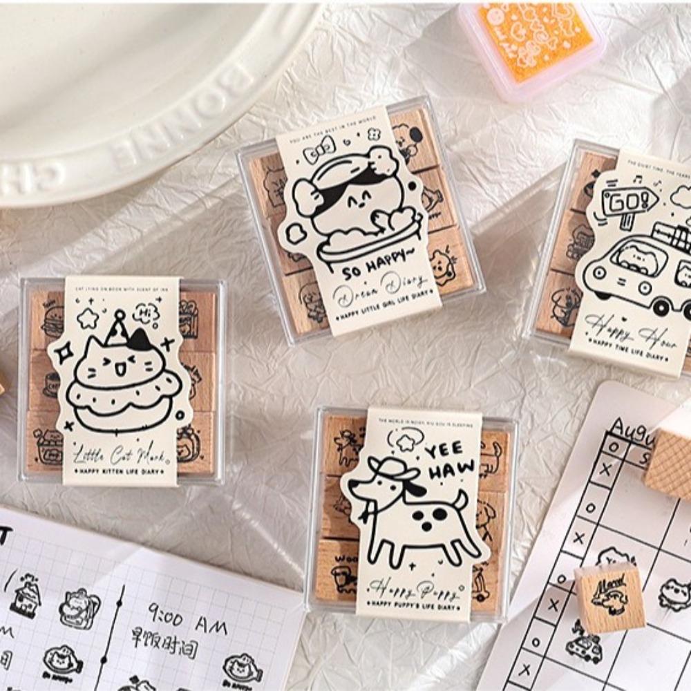 9pcs Set Cartoon Cat Dog Rubber Stamps Journal GO DIY Carved Stamps  for Scrapbooking Collage