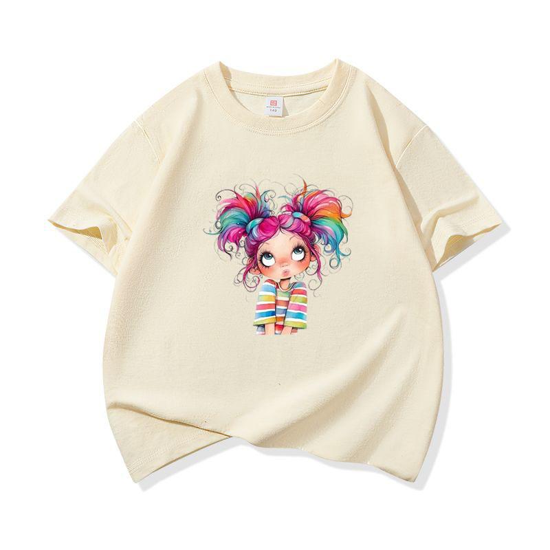 Kids Cotton T Shirt Colorful Rainbow Hair Girl Print Crew Neck Short Sleeve Tee Casual Boys Girls Summer Tops
