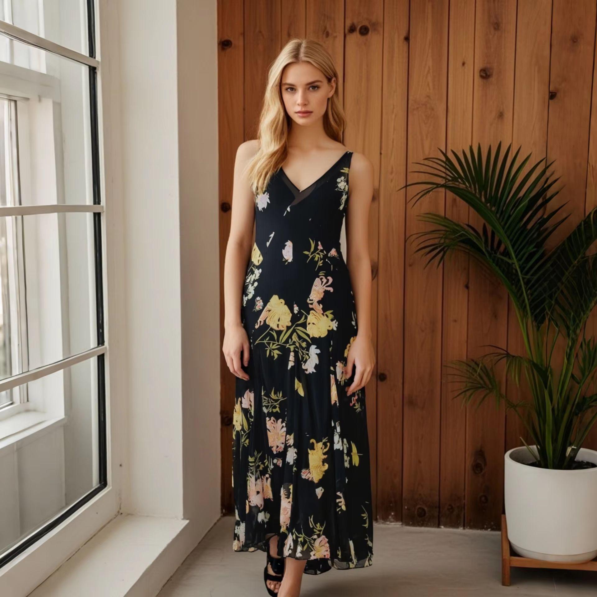

2025 Spring/Summer Women s Slim Fit V-Neck Printed Long Dress L чёрный