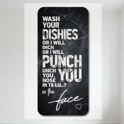 Humor Threatening Wash Dishes Metal Tin Sign, Vintage Distressed Chalkboard Style, Funny Punch Nose In Face with Heart Icon for