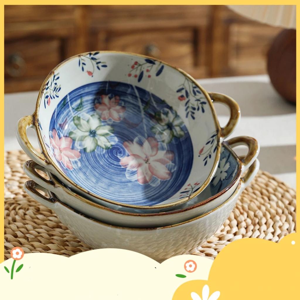 Japanese Irregular Ceramic Bowl with Double Handles, Soup Noodle Salad Fruit Serving Bowl for Home Tableware