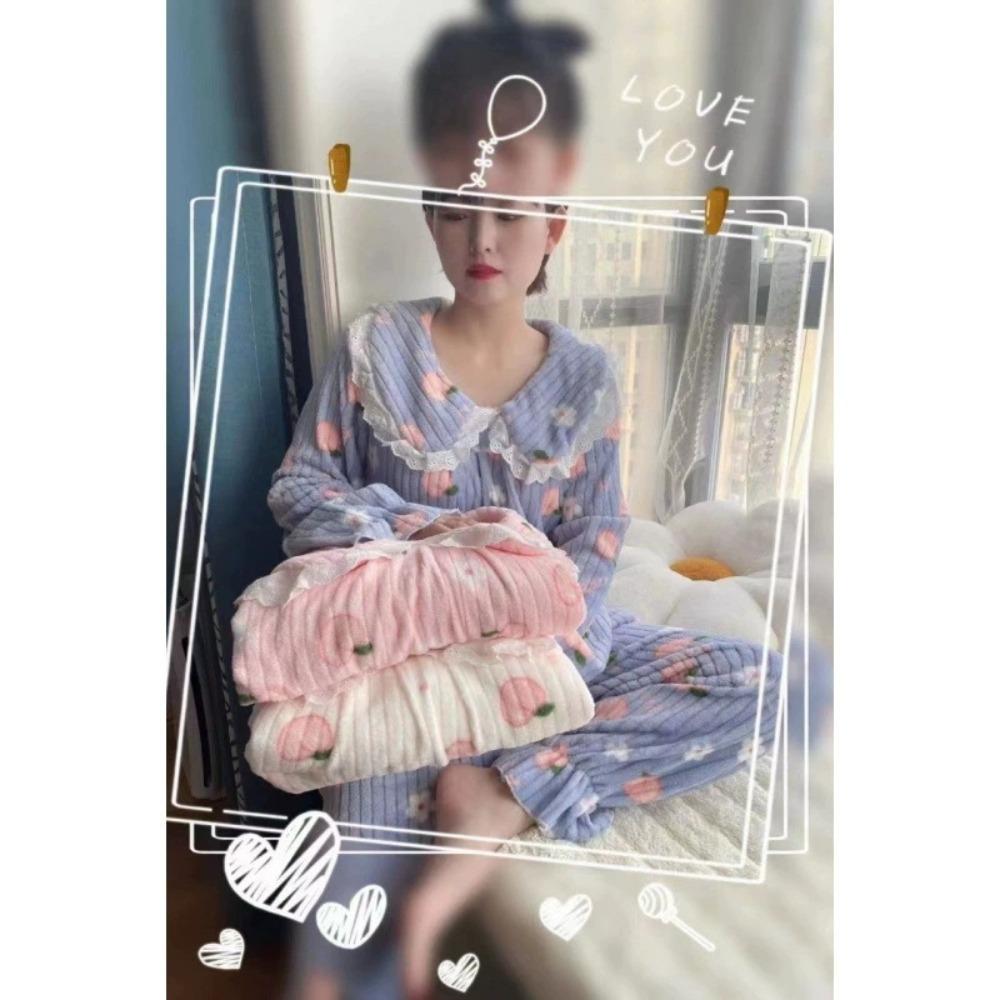 **Kadın Flanel Pijama Takımı Yuvarlak Yaka Jakarlı Uzun Peluş Kalın Sıcak Ev Giyimi**