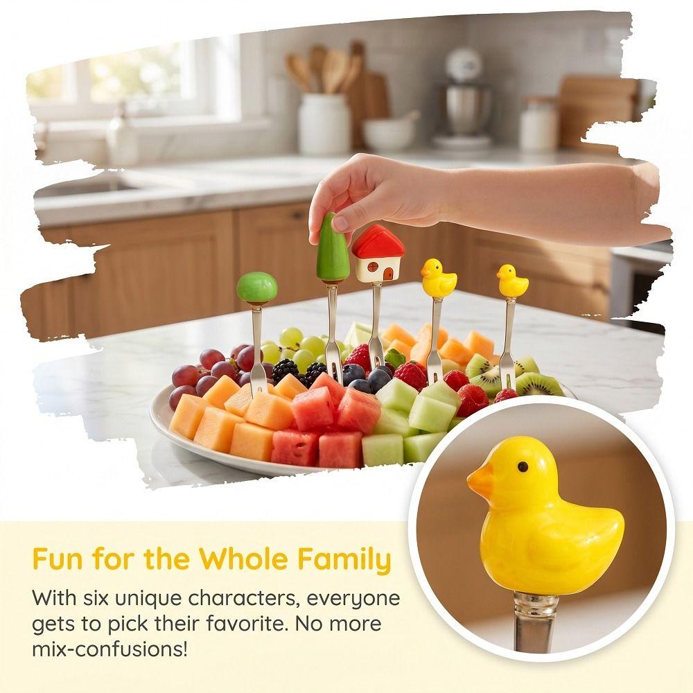 6Pcs Creative Stainless Steel Cake Fork Reusable Cute Fruit Forks Coffee Stirring