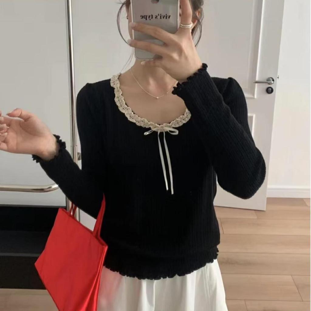 Women's Long Sleeve Knit Top Round Neck Elegant Casual Blouse Plus Size Bow Decor Pullover Top