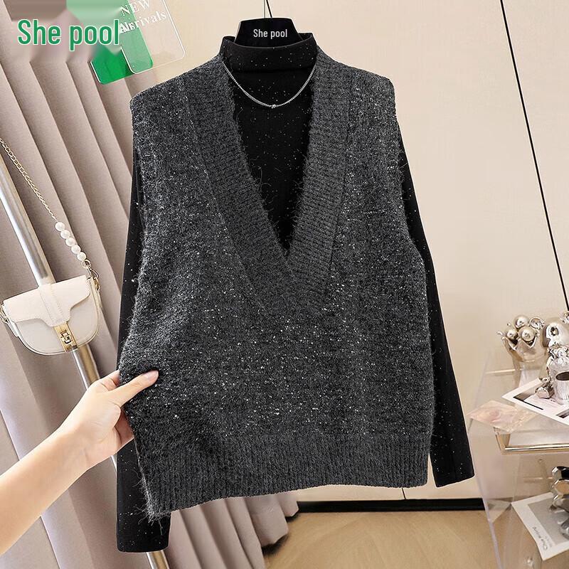 She Chi Women's Merino Wool Blend Sequin V-Neck Knit Vest