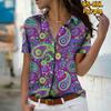 2025 Summer New Fashion Women's Retro Printed Short Sleeve V-neck Casual Button-down Shirt Top