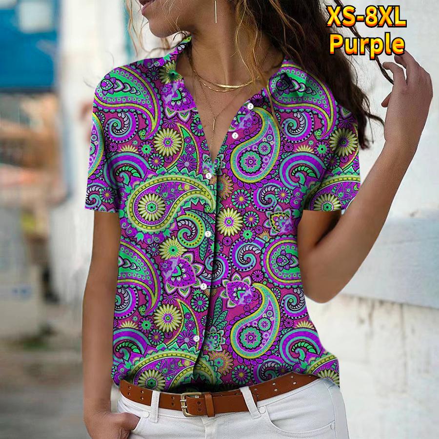 2025 Summer New Fashion Women's Retro Printed Short Sleeve V-neck Casual Button-down Shirt Top