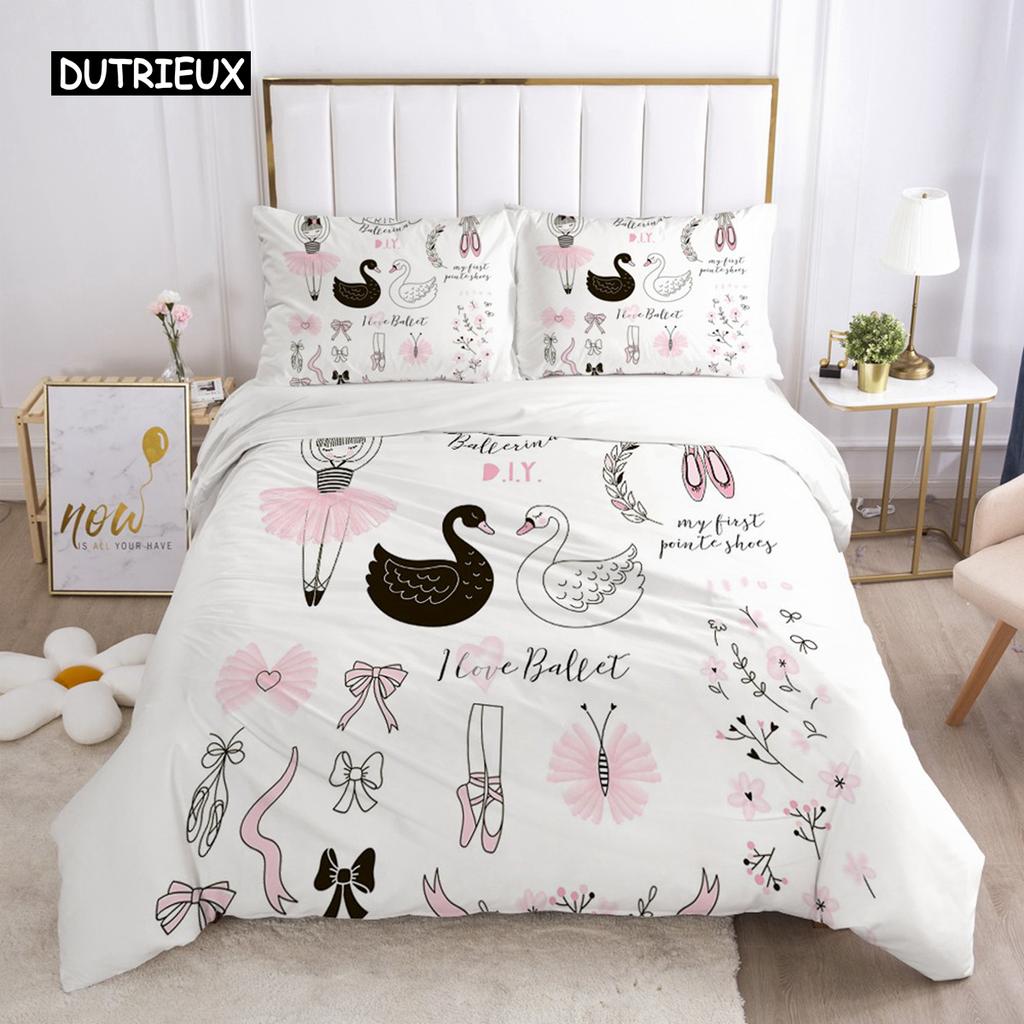Duvet Cover Girls Princess Cartoon White Bedding Set Cute Duvet Cover Set for Baby Kid Children Pink Swan Bedroom Decorations