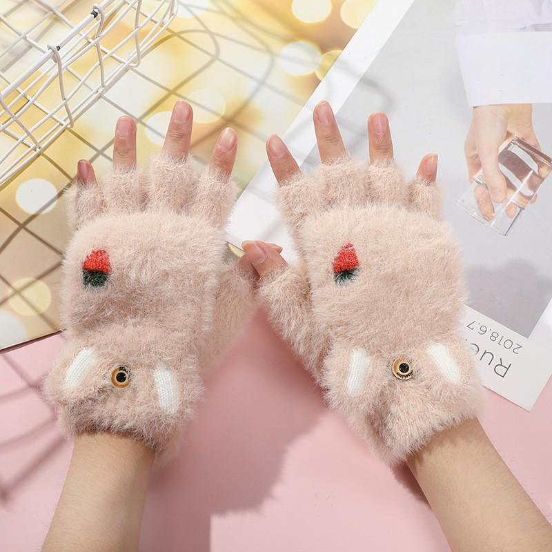 Cute Plush Gloves Cartoon Carrot Rabbit Ears Winter Warm Half Fingers Flip Knitted Gloves For Women Girls Thicken Cycling Mitten