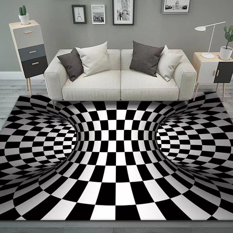 3D Vortex Illusion Black White Rug for Bedroom Floor Mat Abstract Geometric Optical Vertigo Carpet Non-slip Living Room Decor