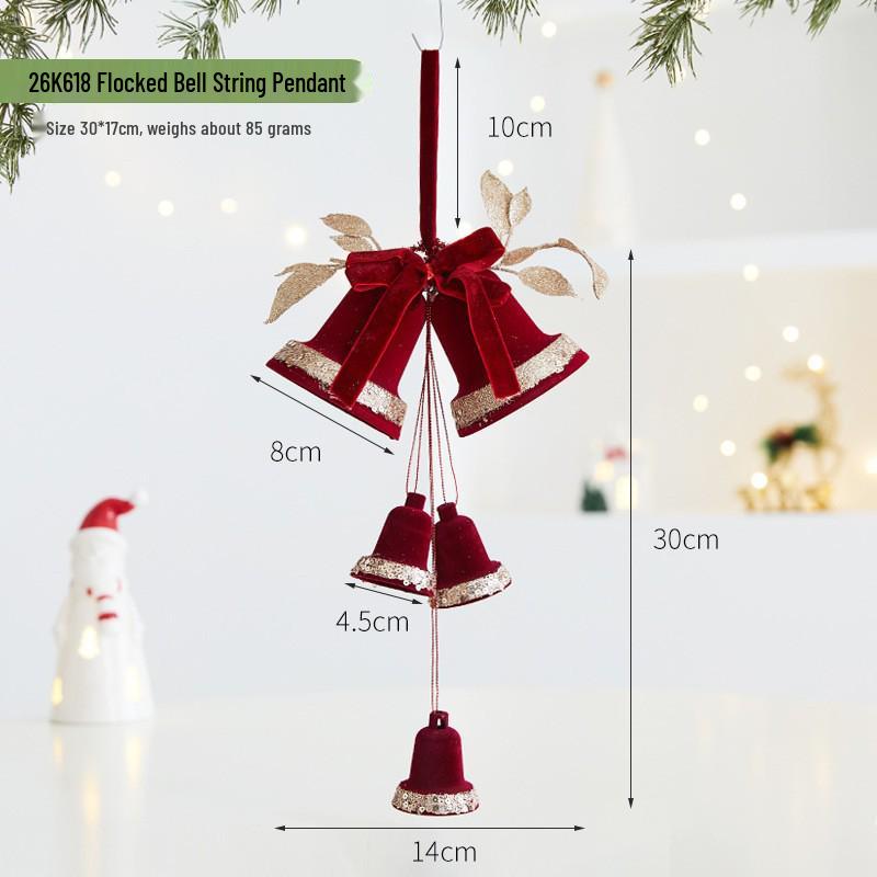 Wine Red Flocked Ball Christmas Bells Window Decor Pendant