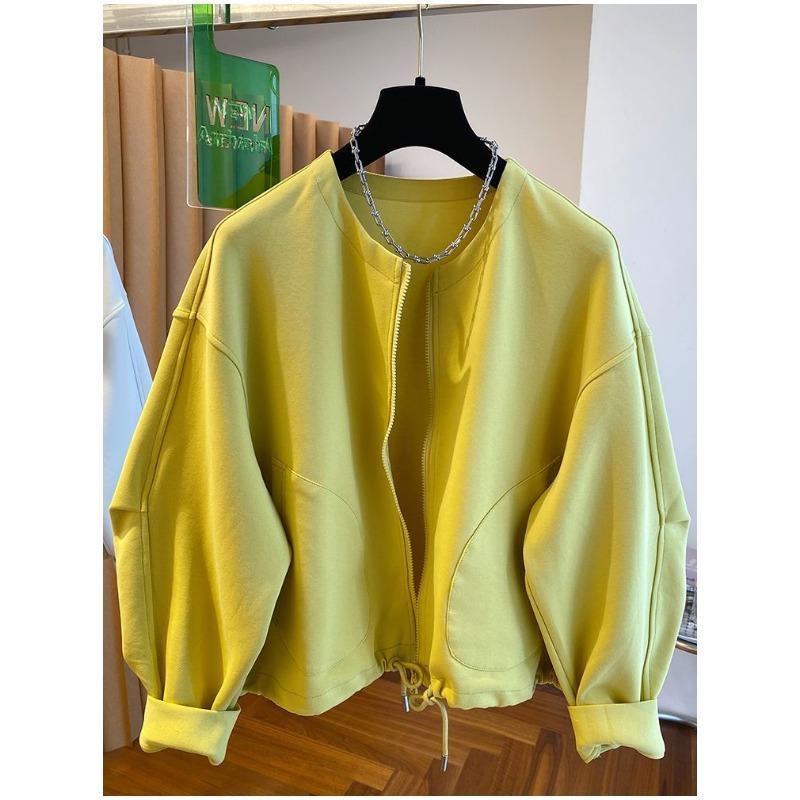 Módní žlutá bunda s kulatým výstřihem Dámská Podzim 2025 Nová Volná Ležérní Tenký Svetr Cardigan na Zip Top