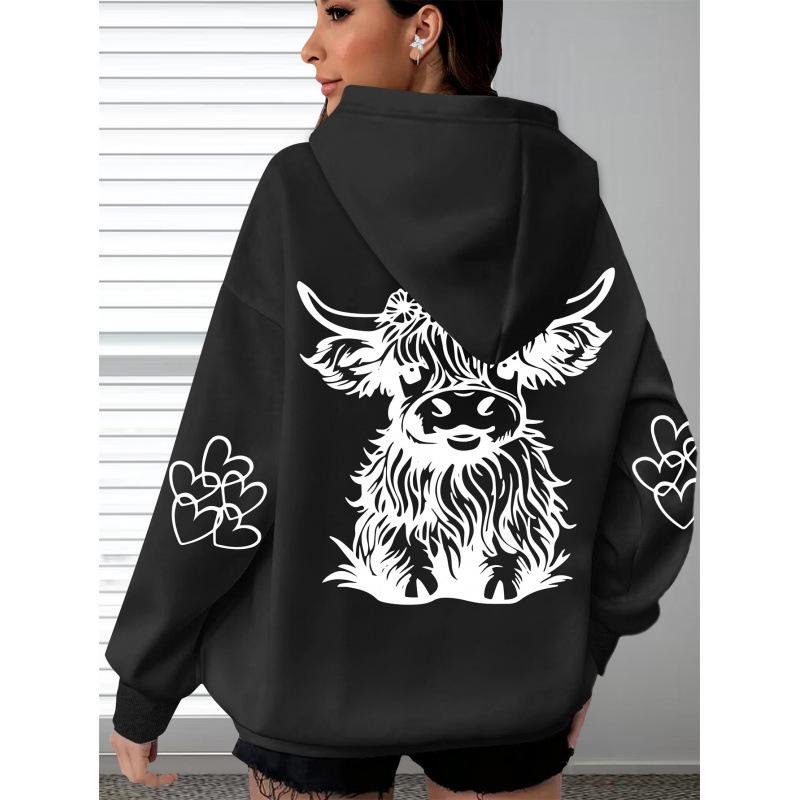 Damen Gemütlicher Hochlandrind & Pfotenabdruck Übergroßer Hoodie