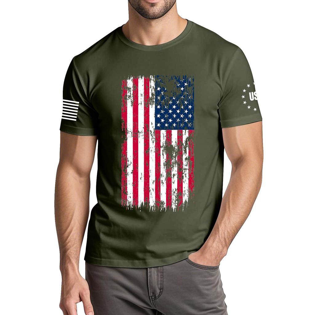 Menns moteriktige avslappede Independence Day trykte t-skjorte med rund hals og korte ermer
